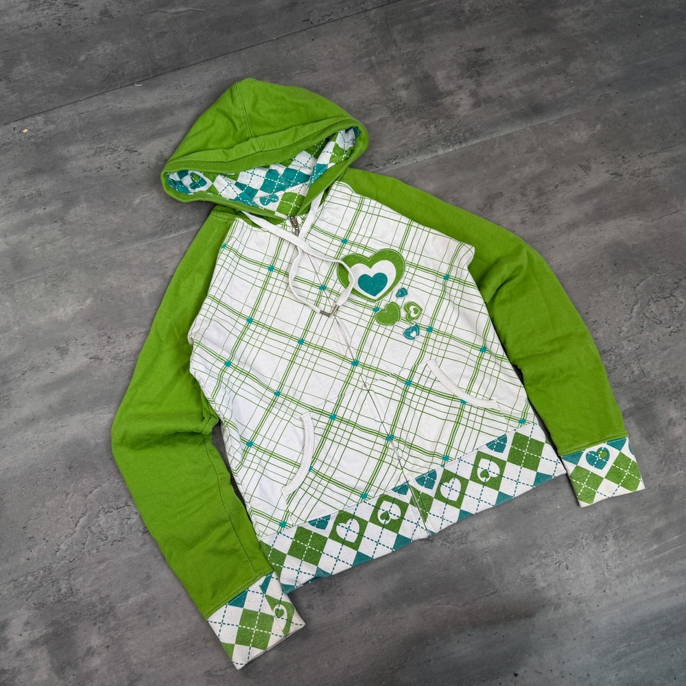 Y2K 00's DC Shoes Green White Plaid Checkered Stripped Argyle Graphic Hoodie